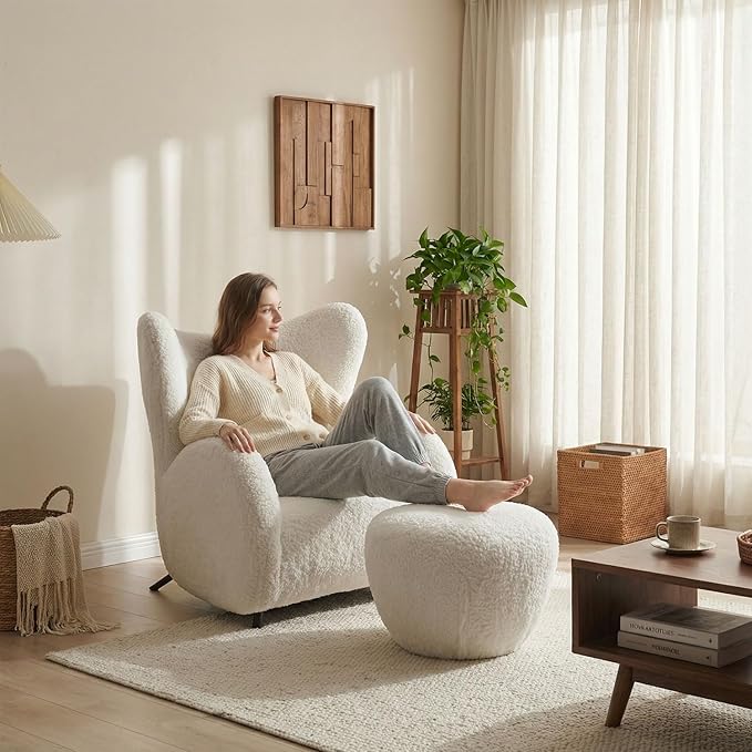 Modern Design Cream Boucle Accent Chair with Ottomans Furry Sherpa Elegant Single Sofa Oversized Chair Living Room Chairs Comfy Upholstered Armchair for Bedroom Office Apartment Balcony Beige