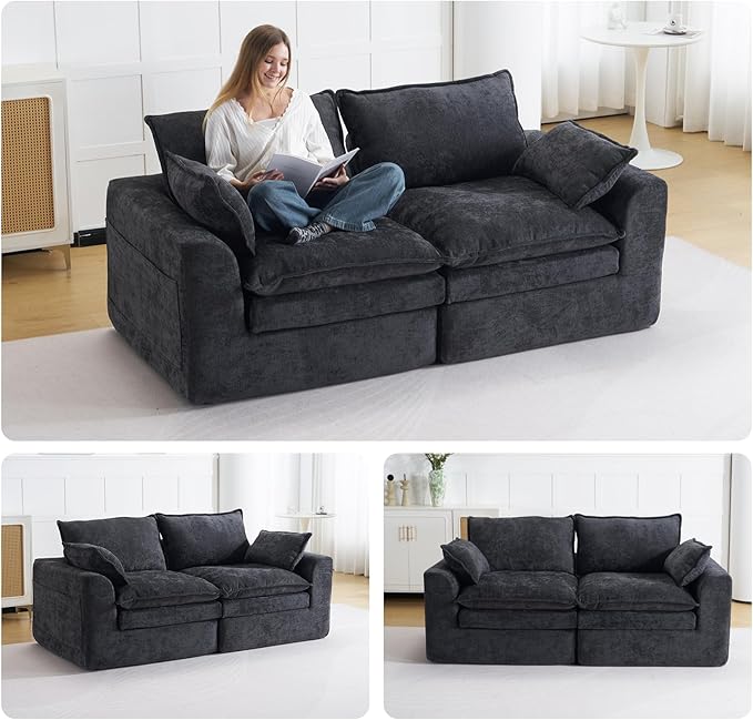 Modular Sectional Sofa80 Loveseat Boneless Couch with Deep SeatUpholstered Cloud Couch with Side PocketsNo Assembly RequiredChenilleBlack
