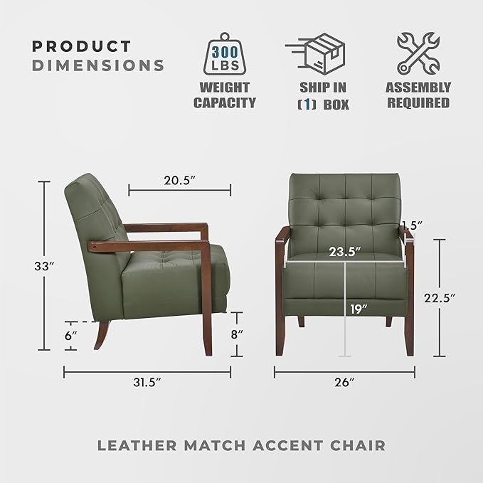 Lexicon Modern Accent Chair Luxury Genuine Leather Match Living Room Chair with Tufted Cushions Solid Wood Frame and Arm Rest Comfy Upholstered Single Seat for Bedroom/Reading/Office Green