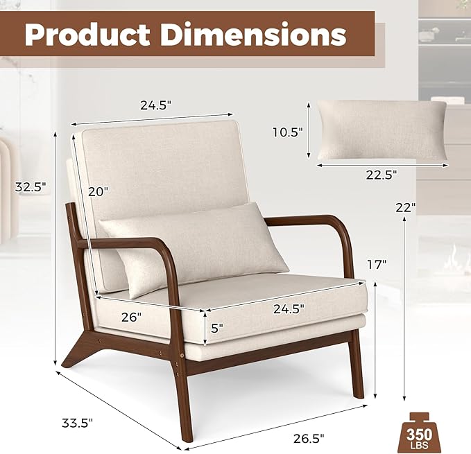 Giantex Mid Century Modern Accent Chair Upholstered Armchair with Pillow Rubber Wood Armrests &amp Legs Removable Back &amp Seat Cushions Comfy Reading Chair for Living Room Bedroom Beige
