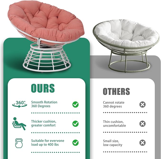 43 Ergonomic 360° Swivel Papasan Chair Wicker Round Chair with Thick Cushion Lounge Chair for Living Room Bedroom Reading Nook Indoor Outdoor Use Orange Cloud &amp White Frame
