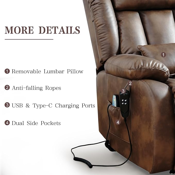 Infinite Position Lay Flat Lift Recliner Chair for Adults Dual Motor Power Lift Chair for Elderly with Massage &amp Heating Extended Footrest USB Ports Remote Control &amp Lumbar Pillow Leather
