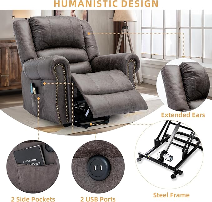 Electric Power Lift Recliner Chairs with Massage and Heat for Elderly Overstuffed Wide Ergonomic Lounge Chair Classic Single Sofa for Living Room with 2 Remote Control/USB Ports(Grey)