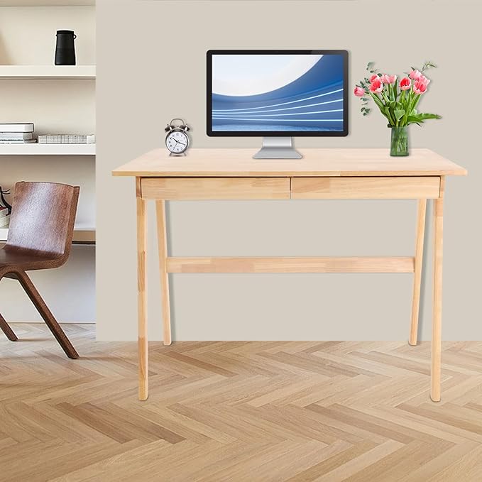Eapmic Solid Wood Writing Desk Computer Table Study Desk with Drawers Small Space Home Office Workstation Freestanding Wooden Study Table for Bedroom Apartment Dorm Minimalist Design (BurlywoodA)