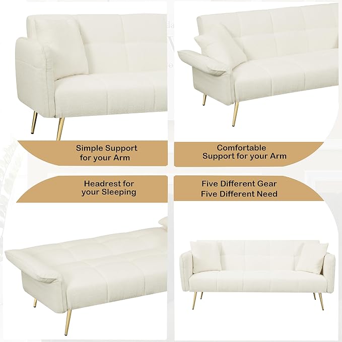 Convertible Sofa Bed Futon Couch Bed with Adjustable Arms and Backrest Modern Love Sofa with Gold Metal Legs for Living Room Bedroom (Teddy Fabric in Beige 70.1 Wx31.1 Dx31.5 H)