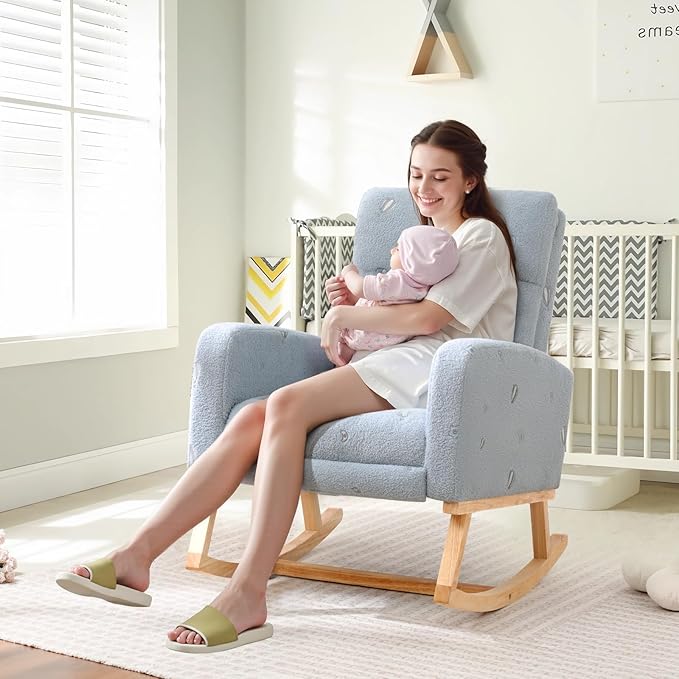 Rocking Chair Nursery with Foot Rest Nursing Rocking Chairs for Mom Breastfeeding Teddy Rocker Glider Chair with High Backrest for Living Room Bedroom Blue Printed