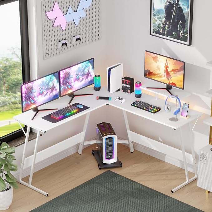 FDW L Shaped 51 Inch Gaming DeskCorner Computer DeskPC Gaming DeskWriting Workstation with Large Monitor Stand for Home OfficeWhite