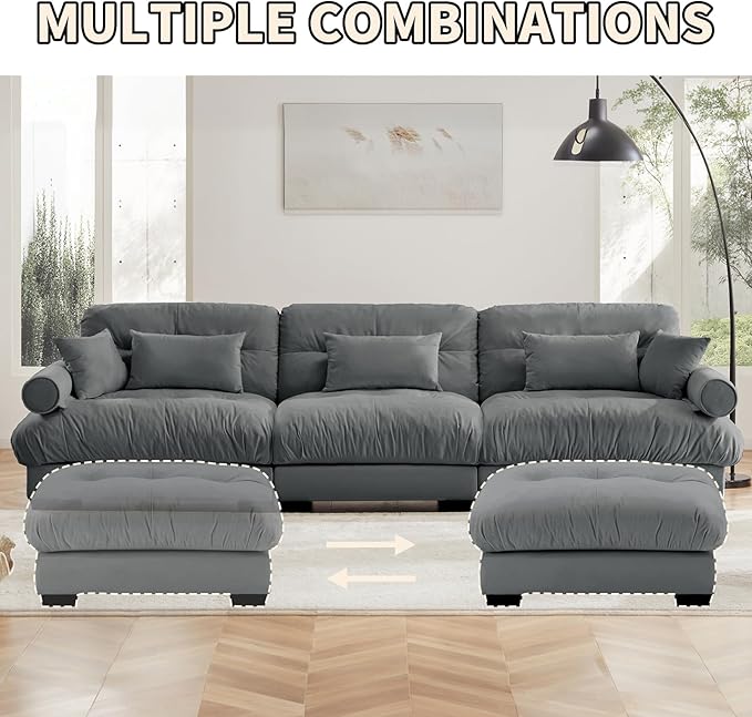 130 Large Sectional Couches for Living Room Cloud Modern Modular Deep Seat Sofa Set Comfy Couches with 2 Ottomans Velvet Fluffy 3 Seater Sofas for Bedroom Apartment U Shaped Grey