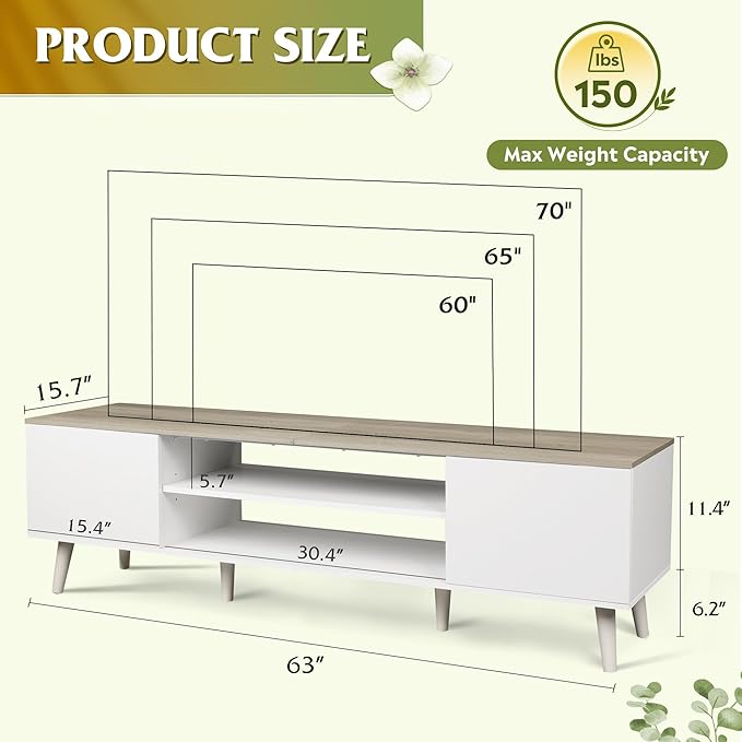 WLIVE Mid-Century Modern TV Stand for 65 70 Inch TV Entertainment Center with Storage Adjustable Shelves &amp Soft-Close Media TV Console for Living Room/Bedroom Greige White