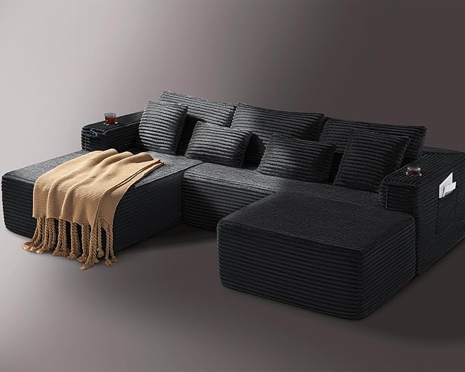 108 Cloud Modular Sectional Couch Modern Boneless Couches with Deep Seat U Shaped Sofa for Living Room No Assembly Required Plush Corduroy (Black 2 Seater+Left Facing Chaise+Ottoman)