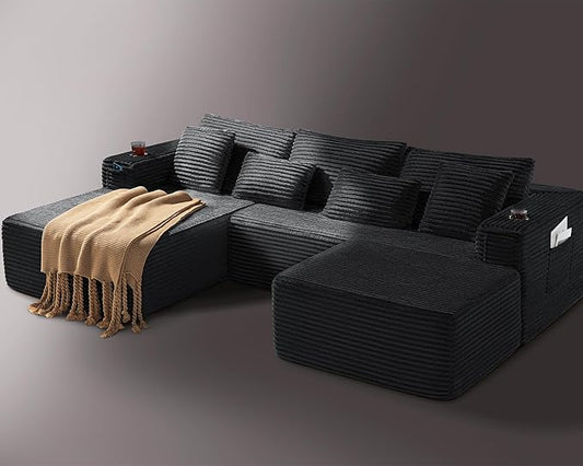 108 Cloud Modular Sectional Couch Modern Boneless Couches with Deep Seat U Shaped Sofa for Living Room No Assembly Required Plush Corduroy (Black 2 Seater+Left Facing Chaise+Ottoman)