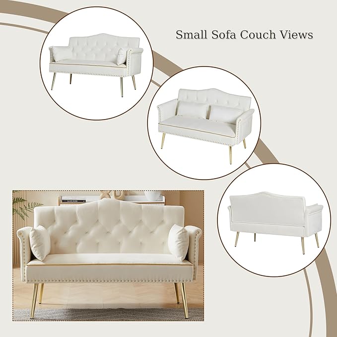 Velvet Loveseat SofaSmall 2 Seater Couch with Nailhead Trim and Side Pockets for Living Room Apartment (Cream White)