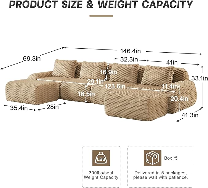 146 Boneless Couches for Living Room Oversized U-Shaped Couch with Buckle Connection Anti-slip Design Flannelette Fabric Modular Sectional Sofa with Deep Seat (Light Camel 4 Seat + 2 Ottoman)