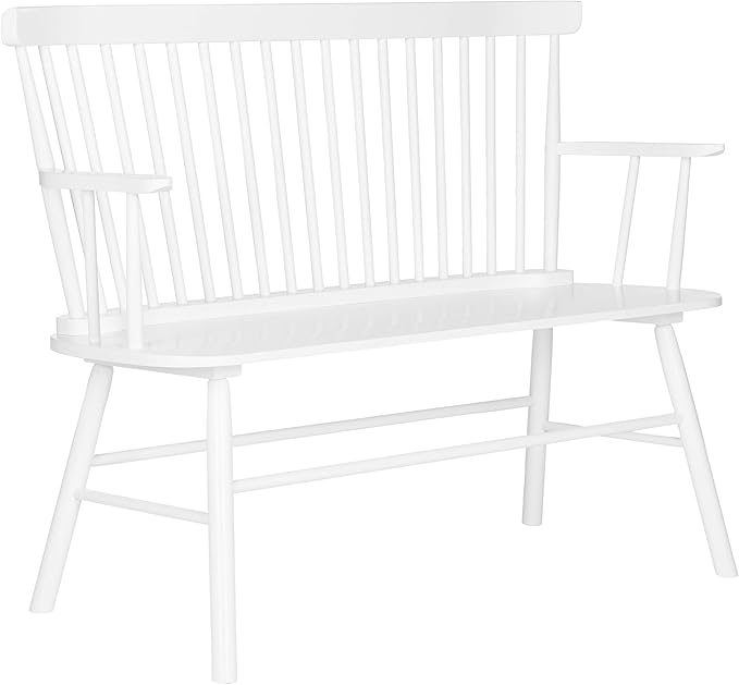 SAFAVIEH Home Collection – Addison White Solid Wood Spindle Back Loveseat Bench Farmhouse Settee for Entryway Living Room or Dining Area (AMH8513B)