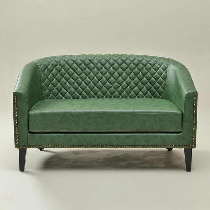 KINWELL 50 Faux Leather Upholstered Loveseat Sofa with 2 Swivel Barrel Accent Chairs Minimalist Comfy 2-Seater Couch and Armchair for Small Spaces Apartment Green