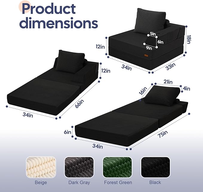 COMAX Folding Sofa Bed Foldable Couch for Bedroom Corduroy Convertible Floor Sleeper Futon Chair Foam 3 in 1 Fold Out Chair Portable Comfy Lounge Couch Single Sofa Bed for Small Space Guest Room