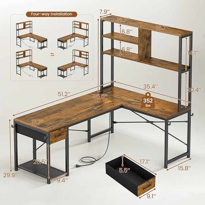 SEDETA L Shaped Gaming Desk 51.2 Reversible Small Corner Desk with Drawer Power Outlet &amp LED Lights Computer Desk with Storage Shelves for Small Space Rustic Brown
