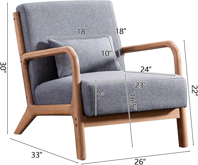 INZOY Mid Century Modern Accent Chair with Wood Frame Upholstered Living Room Chairs with Waist Cushion Reading Armchair for Bedroom Sunroom (Dark Grey)
