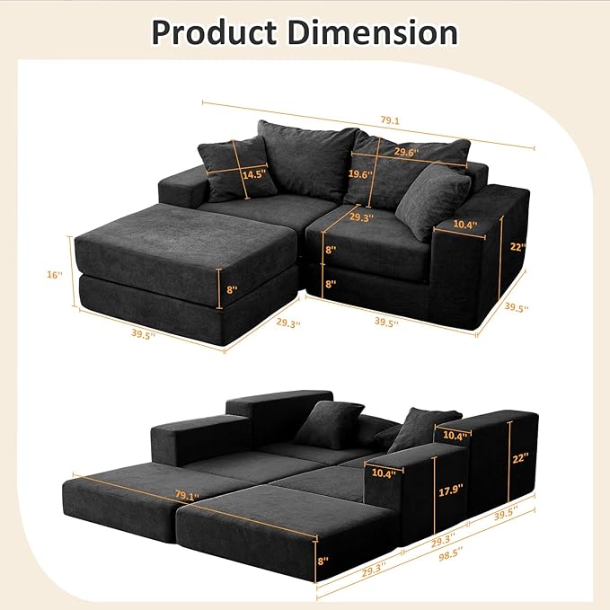 Modular Sectional Loveaeat Cloud Sofa Boneless Couch with Non Slip Base Cozy Sleeper Sofa for Customizable Living Spaces Modern Modular Couch with L-Shape Chaise Deep Seat &amp No Assembly Black