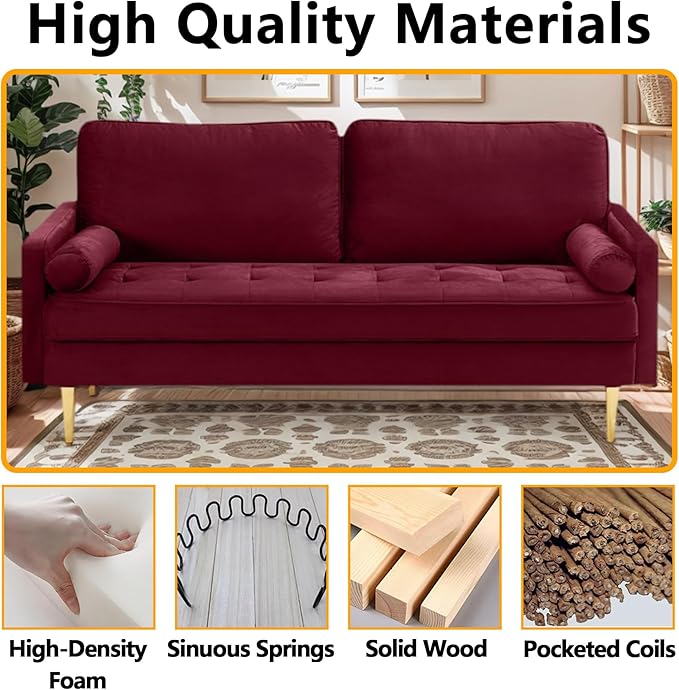 65 Loveseat Sofa with 2 Pillows Comfy Love Seat Cuches with Gold LegsVelvet Small Couchs for Living Room Bedroom Office ApartmentMid Century Modern Couch (Red)