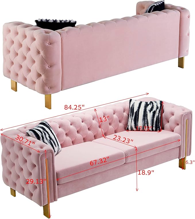 Dolonm Modern Velvet Sofa for Living Room 84 Inches Long Tufted Couch Upholstered Sofa with 2 Pillows High Arm and Metal Legs Decor Furniture for Bedroom Office (Pink)