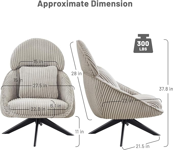 Furniliving Modern Living Room Chair Swivel Accent Chair for Living Room Desk Chair with Arms Bedroom Chair with Headrest Sofa Chair Side Chair with Pillow ArmchairCorduroy Grey
