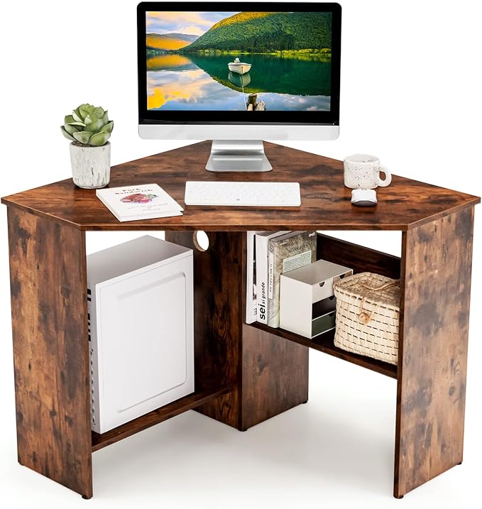 COSTWAY Corner Computer Desk Space-Saving Triangular Writing Desk w/ 2 Storage Shelves &amp 2 Cable Holes Multi-Functional Console Table for Small Space in Home Office Living Room Bedroom (Coffee