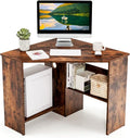 COSTWAY Corner Computer Desk Space-Saving Triangular Writing Desk w/ 2 Storage Shelves &amp 2 Cable Holes Multi-Functional Console Table for Small Space in Home Office Living Room Bedroom (Coffee