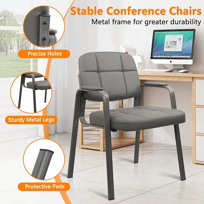 CLATINA Leather Office Guest Waiting Room Chair Sets of 8 Reception Chair No Wheels with Armrests and Lumber Support Stationary Desk Armchair for Meeting Conference Lobby Shool Study Grey