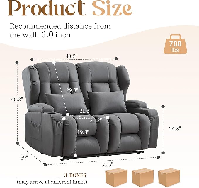 BINGTOO Manual Double Loveseat Recliner Sofa 2-Seater RV Wall Hugger Couch for Living Room &amp Home Theater with Cup Holders/Side Pockets/Lumbar Pillows Fabric Dark Gray