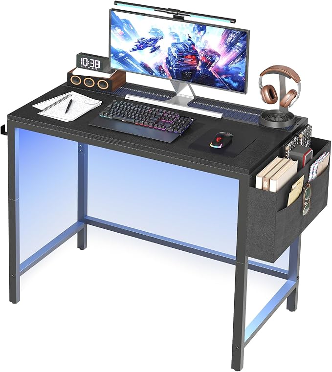 Computer Desk with LED Lights Gaming Desk with Storage Bag and Breathable Mesh Desktop Home Office Desk with Headphone Hook for Home Office Gaming Room Black and Gray DN07DBB