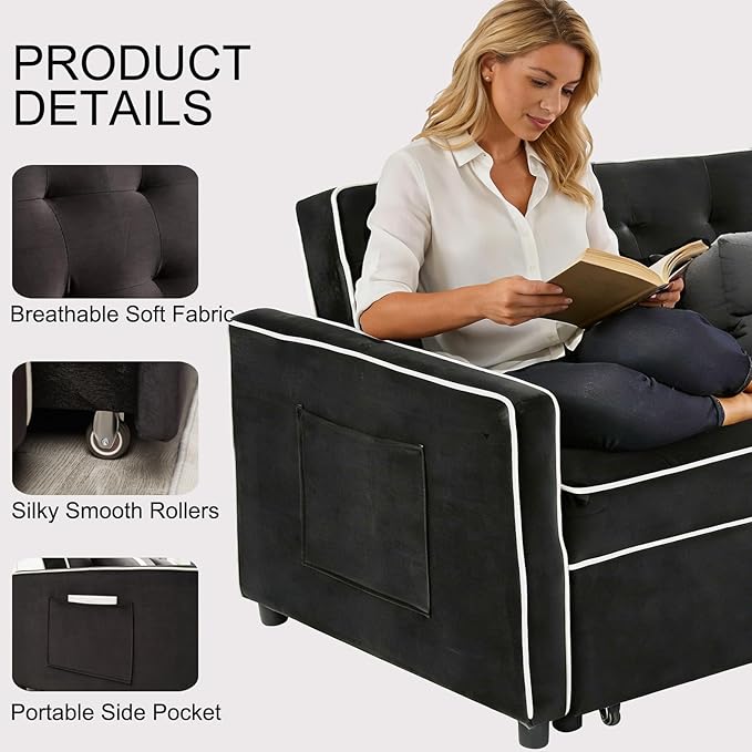 Loveseat Sleeper Sofa 3 in 1 Convertible Sofa Bed Adjustable Backrest Comfy Pull Out Couch Modern Upholstered Sofa for Living Room Bedroom Apartment Small Space (Black 1)