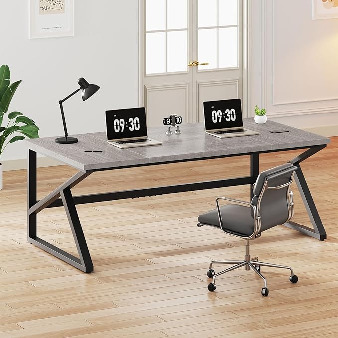 IBF 70 Inch Large Home Office Desk Industrial Long Executive Work Writing Study Computer Table Farmhouse Big Metal Wood Double Desk for Bedroom Living Room Rustic Dual Monitor Desk Light Grey