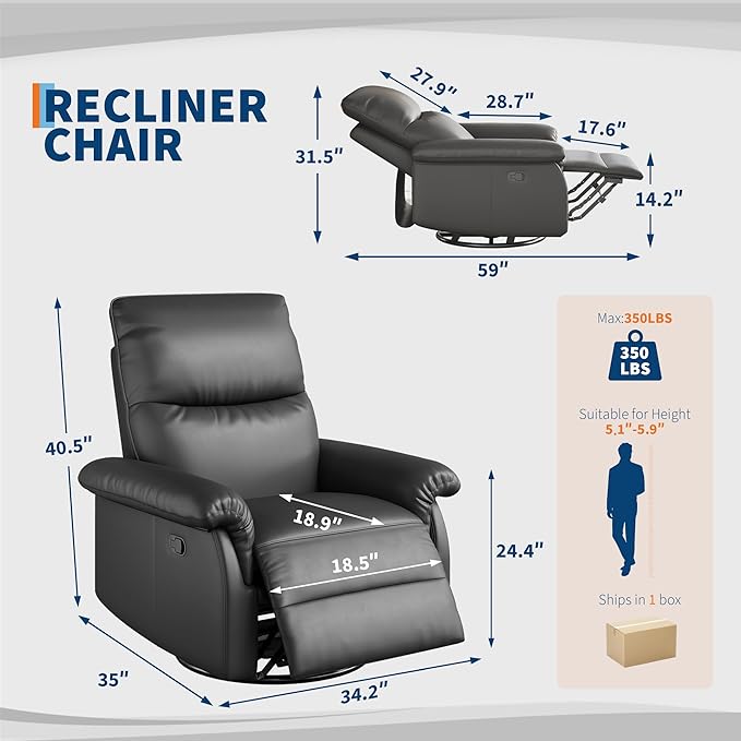 IDEALHOUSE Manual Recliner Chair 360° Swivel Rocker Glider Recliner with Padded Armrests Modern PU Leather Upholstered Reclining Chair for Living Room Bedroom and Nursery (Dark)