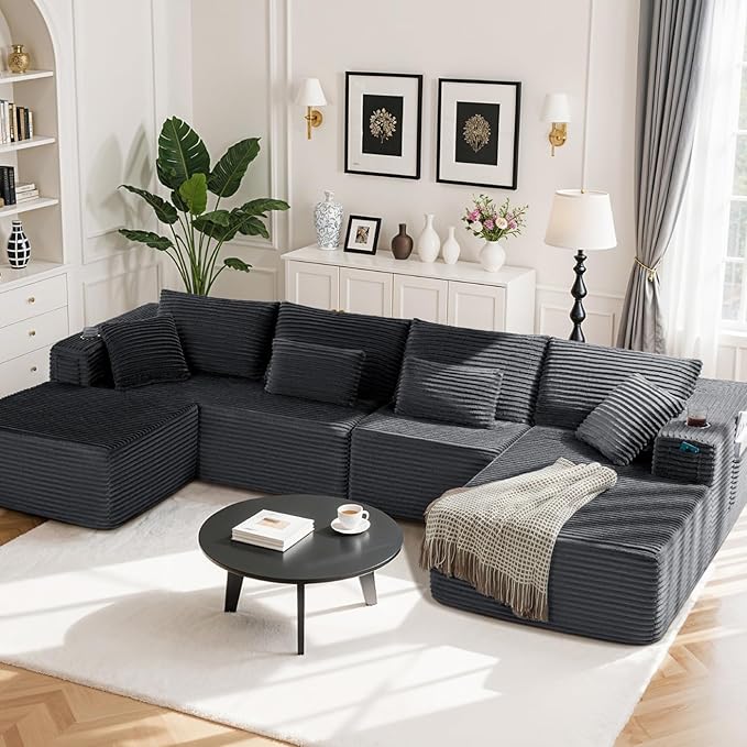 Cloud Modular Sectional Sofa Couch Boneless Couch Deep Seat for Living Room No Assembly Minimalist Modular Sofa Corduroy (Dark Grey 3 Seater+Right Facing Chaise+Ottoman)