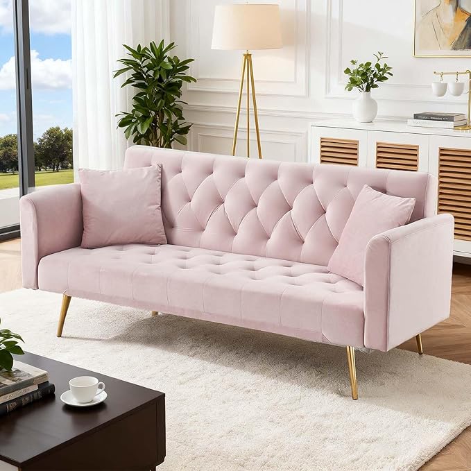 71Convertible Futon Sofa Bed - Modern Velvet Sleeper Couch with Adjustable Backrest Tufted Recliner with Golden Chrome Legs &amp 2 Pillows Perfect for Small Spaces Living Room &amp Apartment (Pi