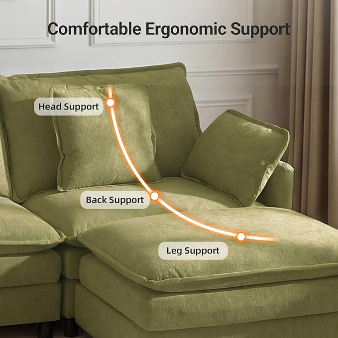 110 U-Shaped Modular Sectional Couch Modern Cloud Couch with Ottoman 5-Seat Chenille Sofa with Pillows Deep Seat Comfy Couch for Living Room Bedroom Green