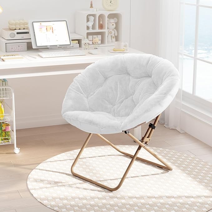Cozy Saucer Chair Living Room Chair Faux Fur Soft Thick Padded Seat Metal Frame Folding Chair Comfortable Moon Chair for Living Room Bedroom Reading Nook Modern Style 2 Pack White