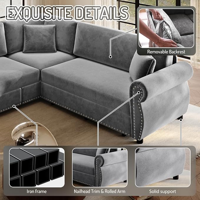 88 L Shaped Sectional Sleeper Sofa Couch with Pull Out Bed Oversized Chenille Convertible Sectional Couches with Nailhead Trim &amp Rolled Arm for Living Room Removable Sofa CoverLigt Grey
