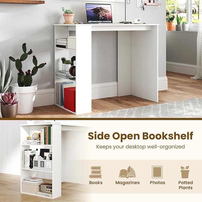 Tangkula Small White Desk with 3-Tier Bookshelf Modern Simple Home Office Desk for Small Space Wooden Writing Desk for Study Living Room &amp Bedroom Compact Laptop PC Workstation (White)