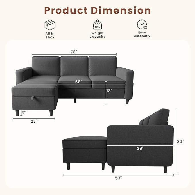 Sectional Couches for Living Room - Deep Seater Couch Living Room-Comfy L Shape Modular Sofawith Storage Chaise-Washable Covers-Suitable for Living RoomsApartmentsRooms and Offices-Dark Gray