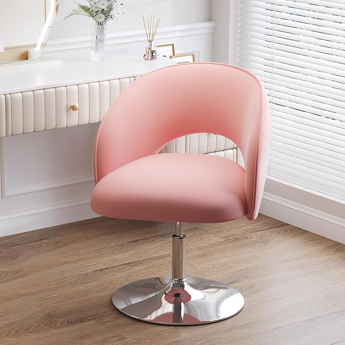 Furniliving Vanity Chair Contemporary Height Adjustable Round Velvet Back Tilt Swivel Accent Chairs 360° Swivel Makeup Chair with Chrome Frame Charming Stool Lounge Pub Bar (Pink)