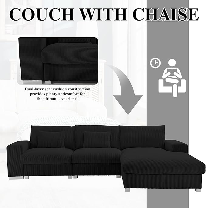 113 Inch Modular Sectional SofaModern l-Shaped Deep Seats Corduroy CouchSponge Couches with Chaise Lounge for Living Room Or Bedroom (Black)