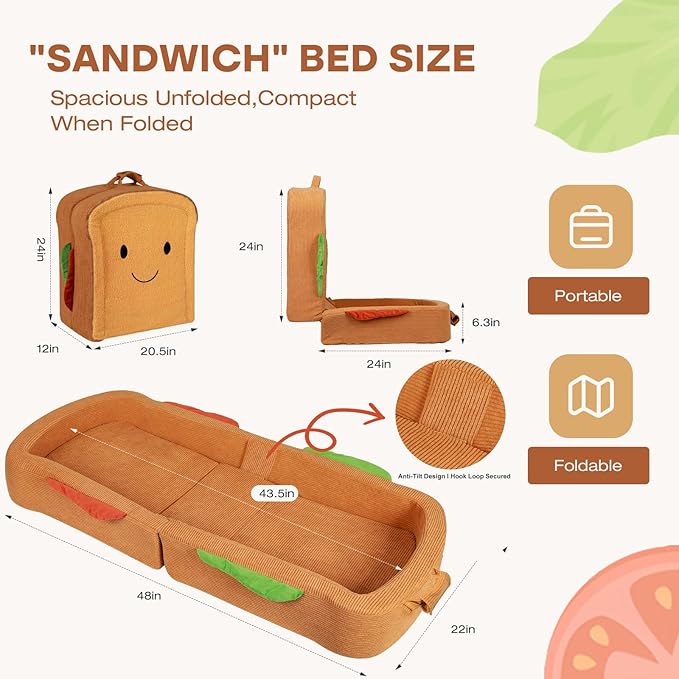Toddler Travel Bed Sandwich Style - Portable Toddlers Floor Beds Foldable Soft Foam Travel Crib for Baby and Kid Washable Cover Toddler Cot with Safety Rail for Travel Medium Size