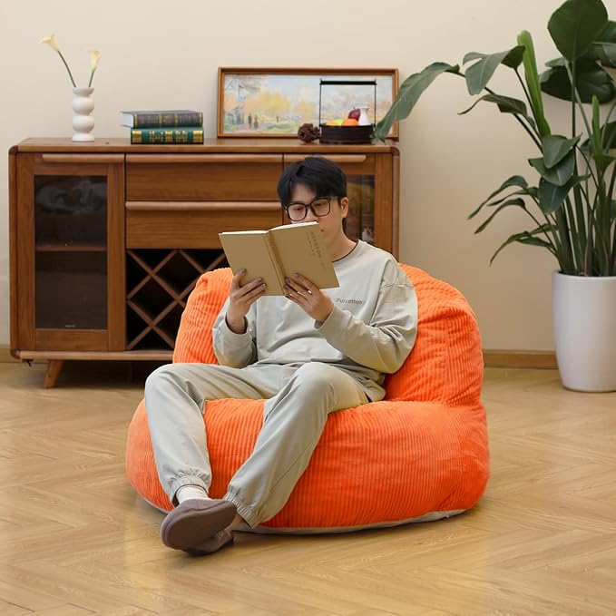 N&ampV Large Crescent Bean Bag Chair Adult Size Bean Bag Sack Foam Filling Soft Premium Corduroy Bean Bag for Living Room Bedroom Dorm and Office (Tangerine)