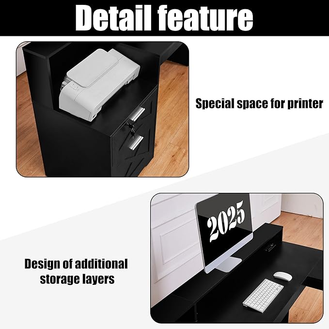 60 L Shaped Executive Desk with Printer SpaceCorner Computer Desk with Power OutletsLockable Drawers &amp Adjustable File CabnetL Shaped Office Desk with Monitor Stand (Black)
