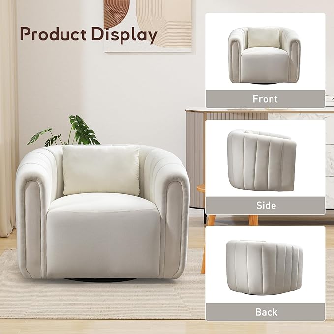 Bonzy Home Swivel Barrel Chair Modern Velvet Swivel Accent Chair with Channel Tufting Soft Upholstered Armchair for Living Room Bedroom Office (White 1 Pack)