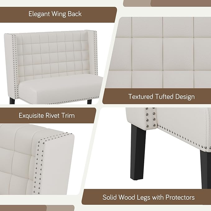 Yongqiang Modern Tufted Loveseat Settee White Faux Leather Upholstered Bench with Back for Kitchen Dining Room Living Room High Back Banquette Seating Sofa Couch with Wood Legs