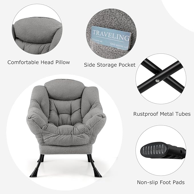 Giantex Set of 2 Lazy Chair with Folding Ottoman Modern Sherpa Accent Chair w/Armrests &amp Pocket Upholstered Single Sofa Chair Set Leisure Reading Lounge Chair for Living Room Bedroom (Grey)
