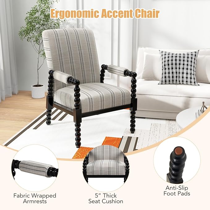 Giantex Mid Century Modern Spindle Accent Chair Set of 2 Upholstered Armchair w/Rubber Wood Frame Ergonomic Backrest &amp Fabric Covered Armrests Comfy Single Sofa Chair for Living Room Bedroom
